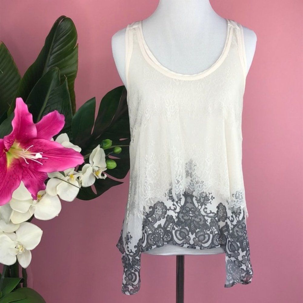 Dolled Up by Fang Cream White Gray Layered Lace Tank Top